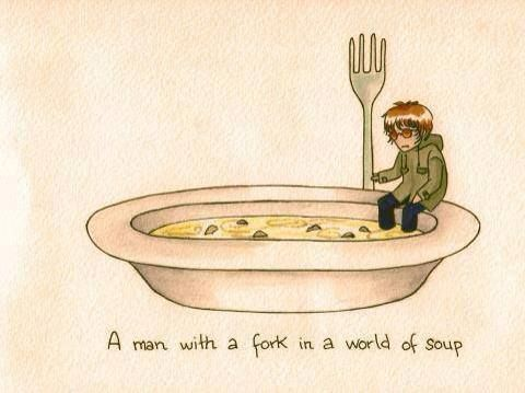 Un om cu o furculiță într-o lume plină de supă