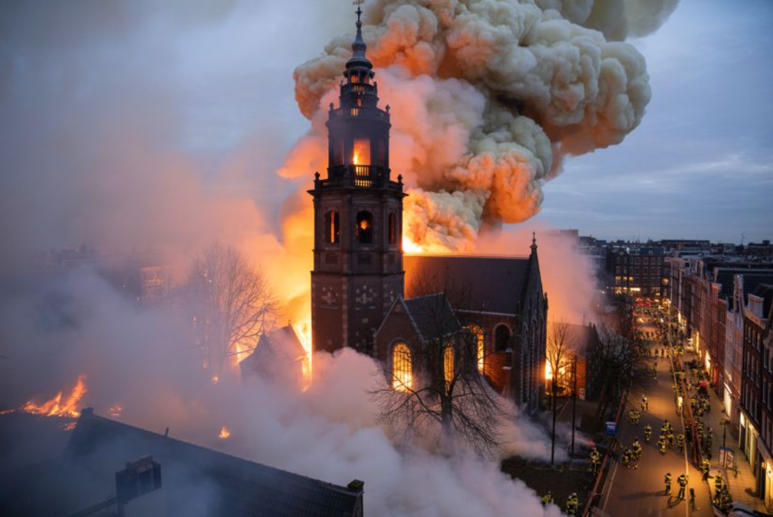 Biserica istorică din Amsterdam „nu mai poate fi salvată” după ce artificiile de Revelion au provocat un incendiu devastator