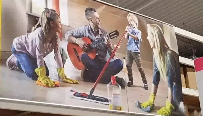 Un afiș dintr-un magazin de bricolaj arată femeile făcând curățenie, în timp ce bărbații se distrează. Centrul Filia atrage atenția că astfel de reprezentări consolidează ideea că treburile casnice sunt responsabilitatea femeilor. Ce spune Leroy Merlin