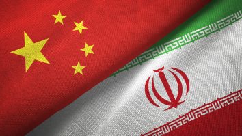 China and Iran two flags textile cloth, fabric texture
