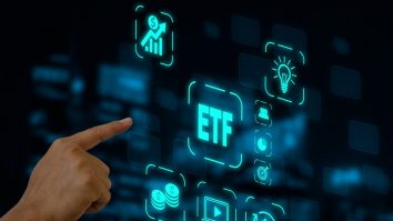 Hand touching screen digital virtual futuristic interface icon ETF Exchange Traded Fund. Business stock market finance Index Concept.