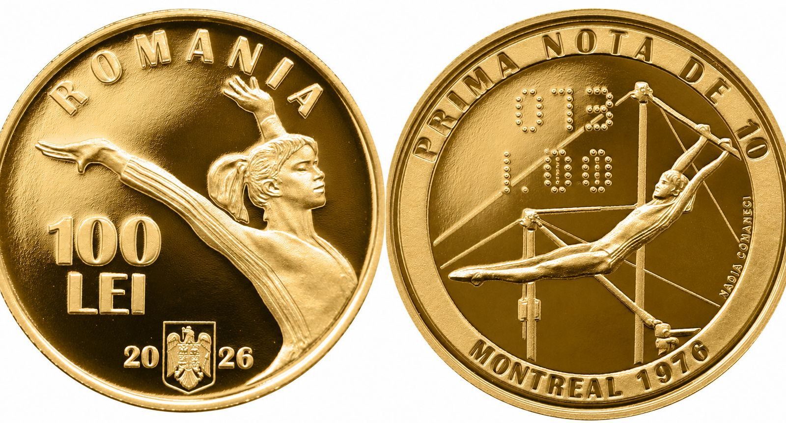 BNR lansează monede aniversare dedicate Nadiei Comăneci, la 50 de ani de la prima notă de 10 din istoria Jocurilor Olimpice. Preţul de vânzare ajunge la 7.800 de lei pentru varianta din aur