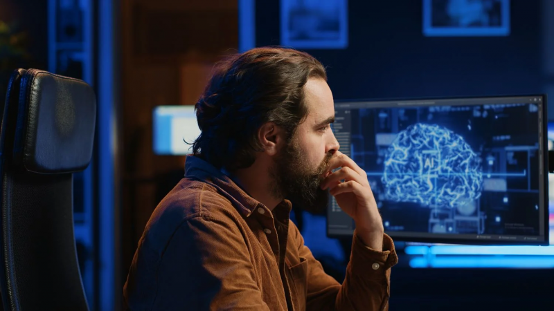 Programmer using computer update ai neural networks drinking coffee
