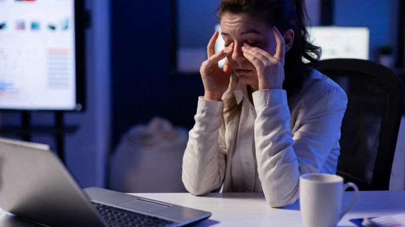 Stressed manager woman massaging tired eyes 2022 03 30 14 48 51 utc